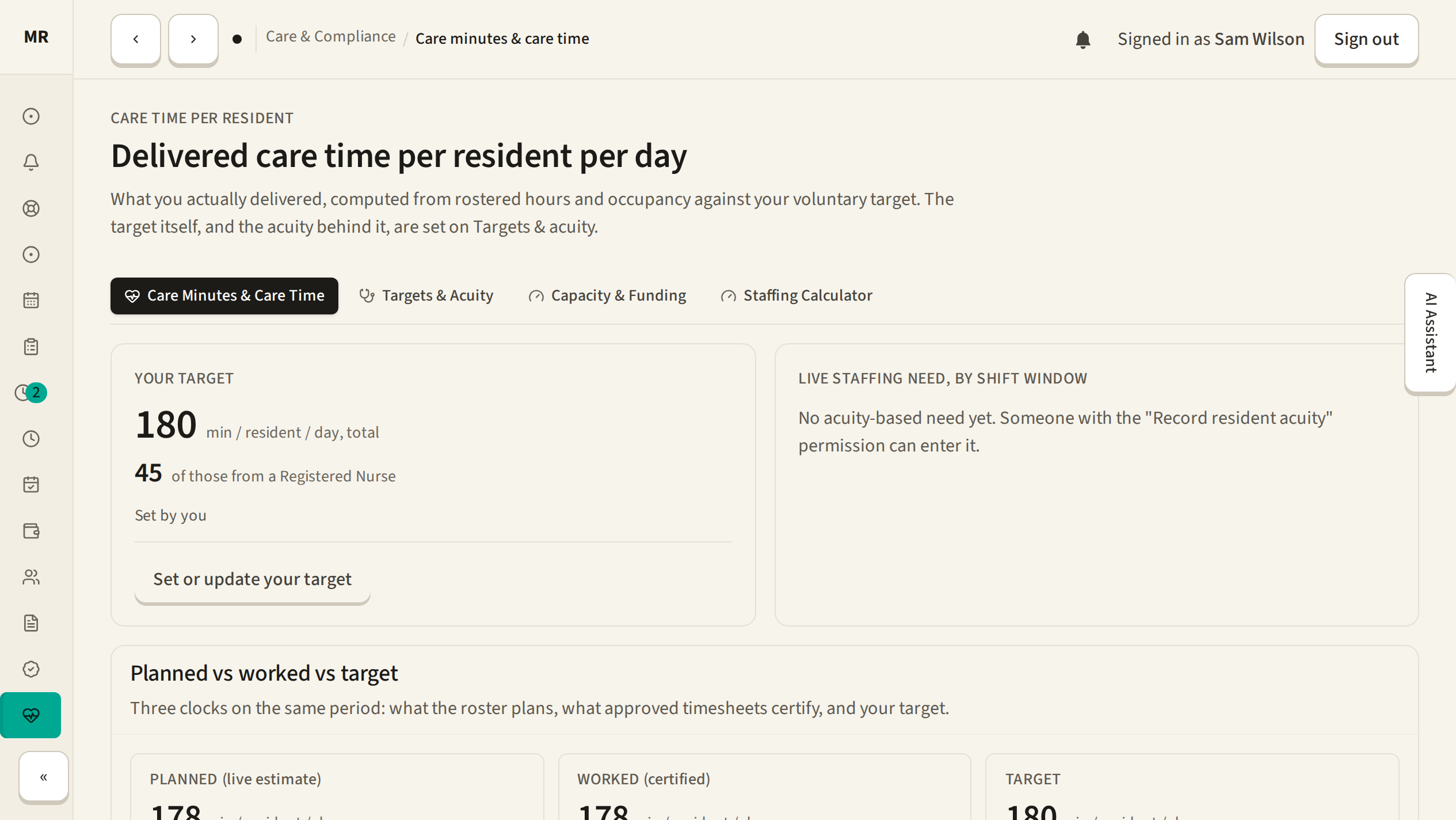 NZ care-time report showing target, planned and approved worked time headings.