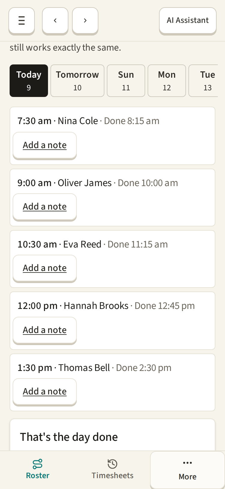 Phone view of a community worker’s five completed visits for the day.