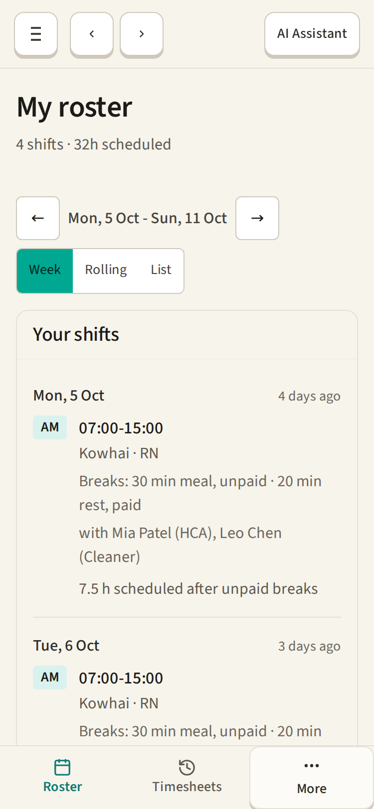 Phone view of My roster showing published shifts, planned breaks and colleagues working alongside Aroha Bennett.
